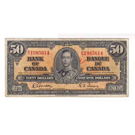 BC-26b 1937 Canada $50 Note Gordon-Towers B/H, F-VF (F15) Tears, writing, or impaired