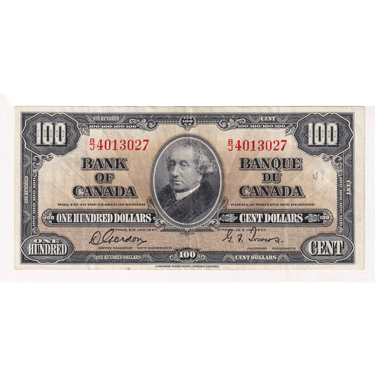 BC-27b 1937 Canada $100 Note Gordon-Towers B/J, VF-EF (VF30) Tears, writing, or impaired