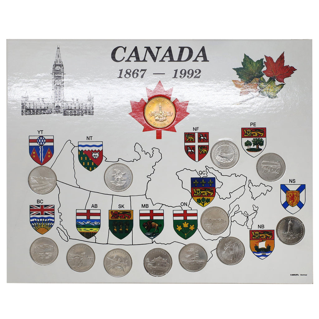 1867-1992 Canada 125 Quarter & Loon Set in White Map Holder (some coins toned)