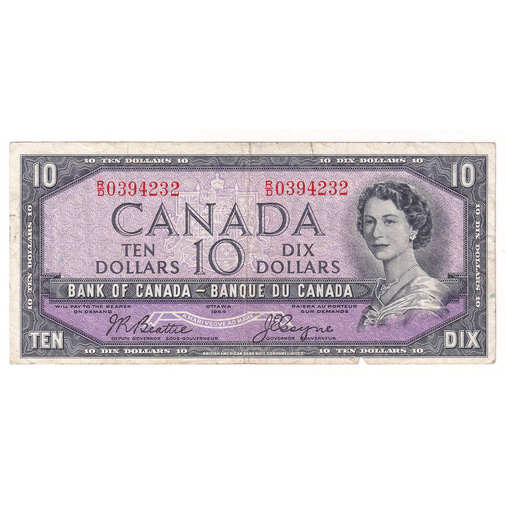 BC-40a 1954 Canada $10 Beattie-Coyne Very Fine (VF20) Tears, writing, or impaired