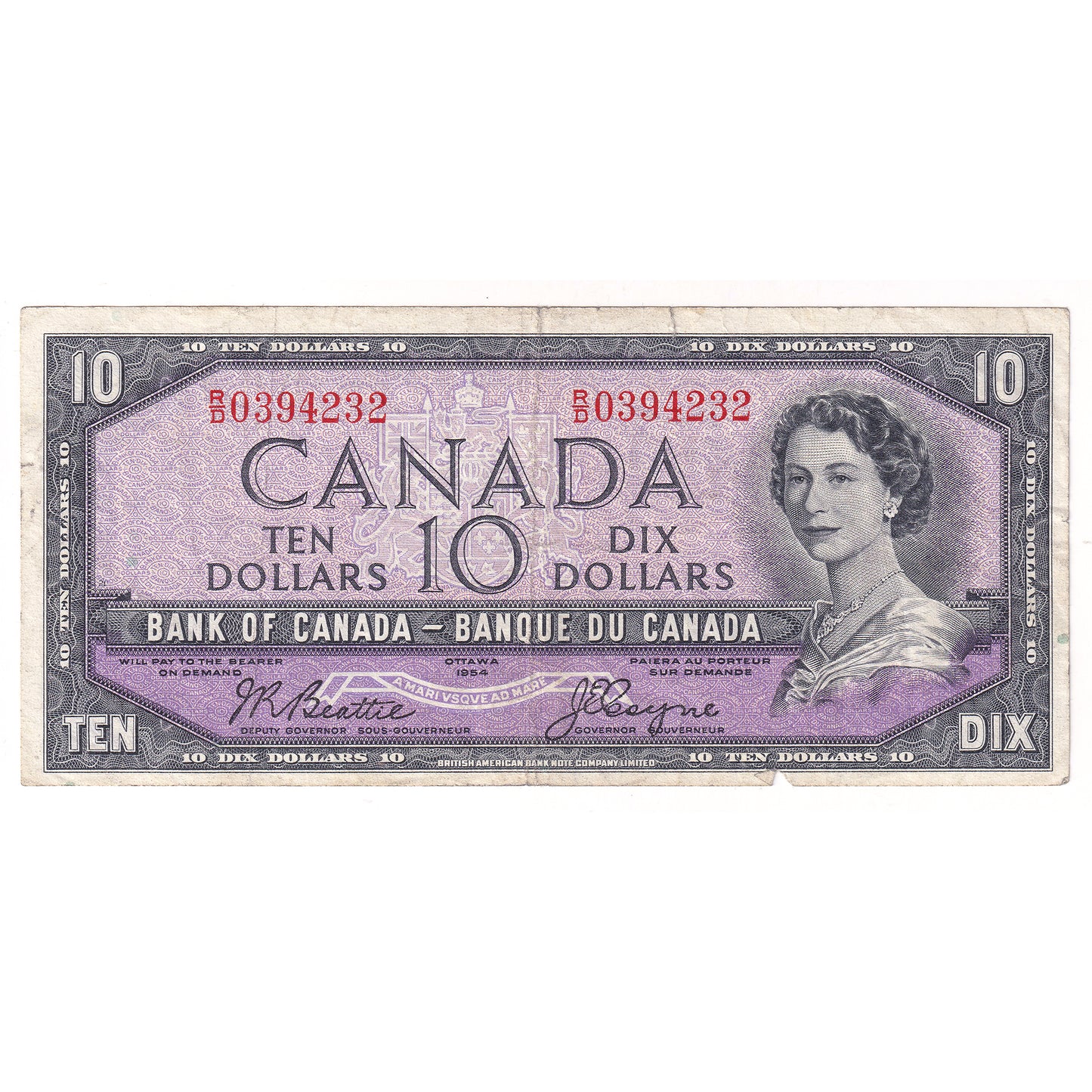BC-40a 1954 Canada $10 Beattie-Coyne Very Fine (VF20) Tears, writing, or impaired