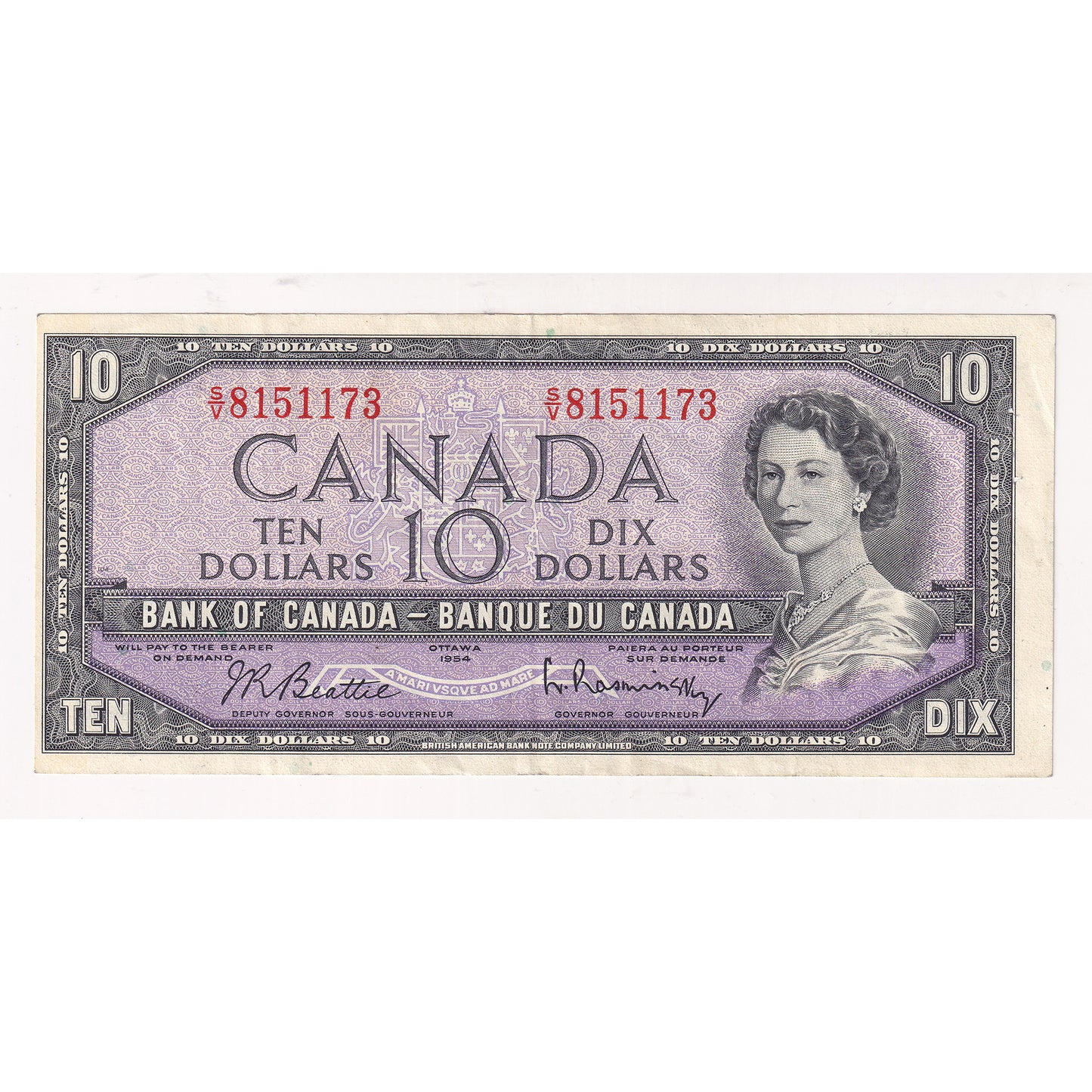 BC-40b 1954 Canada $10 Beattie-Rasminsky, VF-EF (VF30) Tears, holes, or damaged