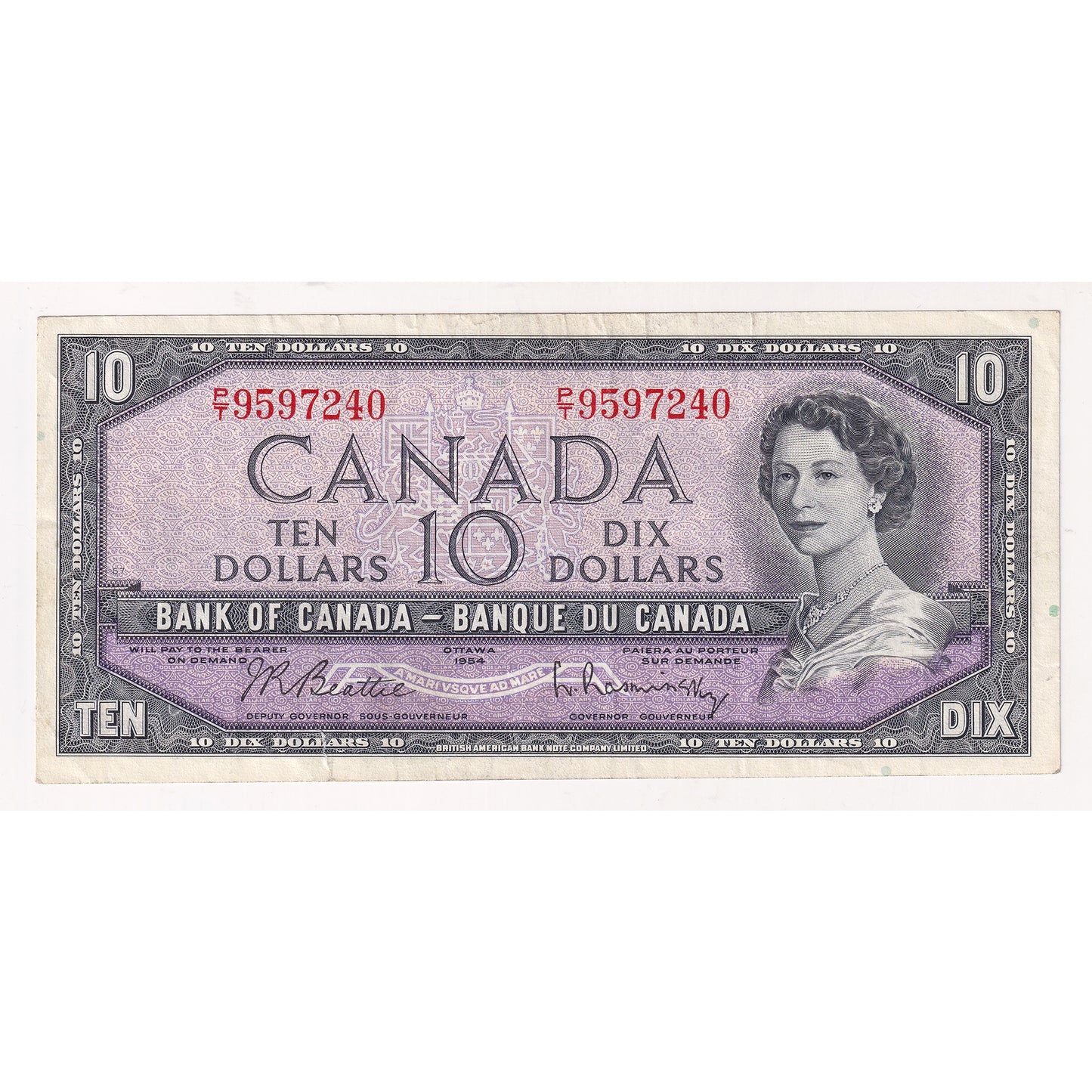 BC-40b 1954 Canada $10 Beattie-Rasminsky, Very Fine (VF20) Tears, holes, or damaged