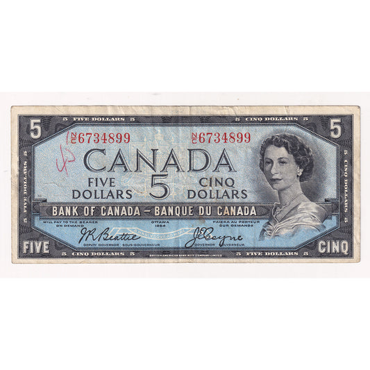 1954 Canada $5 Note, Various Signature Combos, Very Fine (VF20) Tears, holes, or damaged