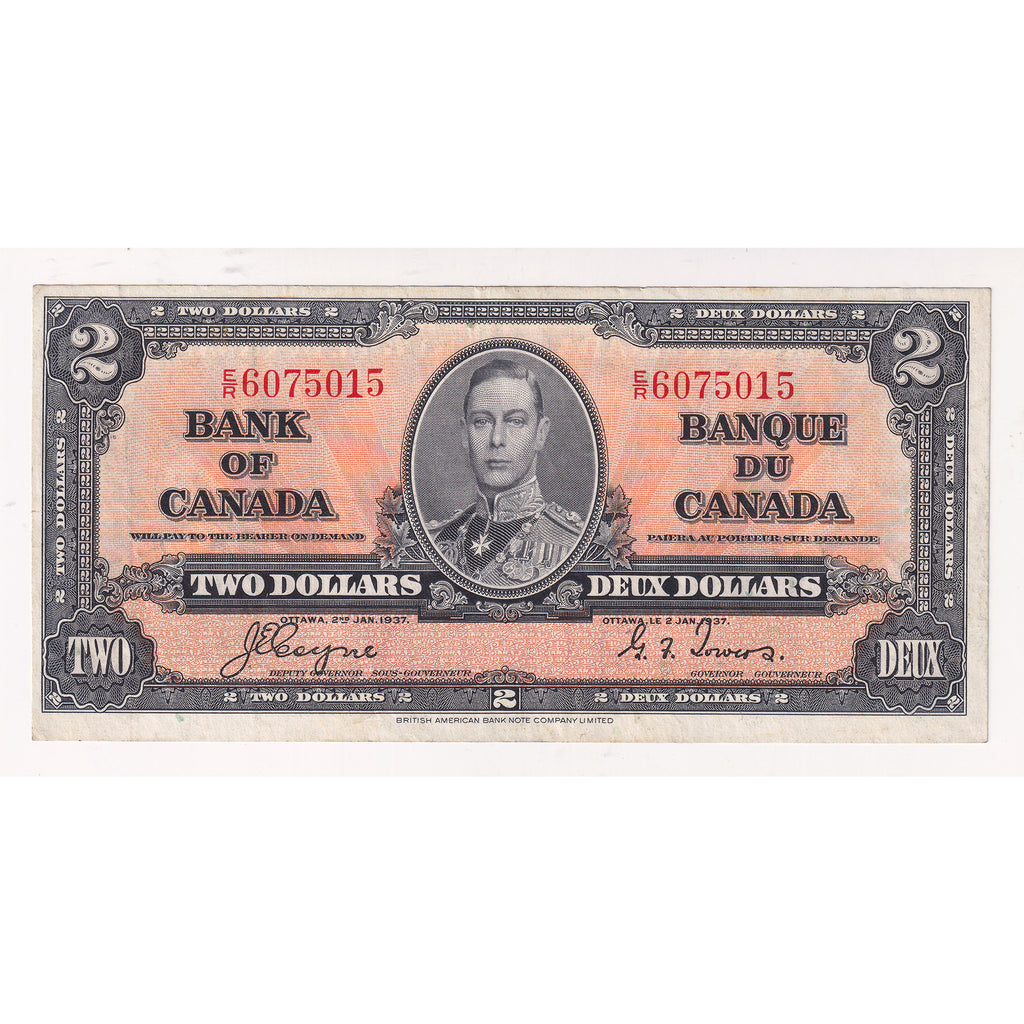 BC-22c 1937 Canada $2 Coyne-Towers, Very Fine (VF20) Tears, holes, or damaged