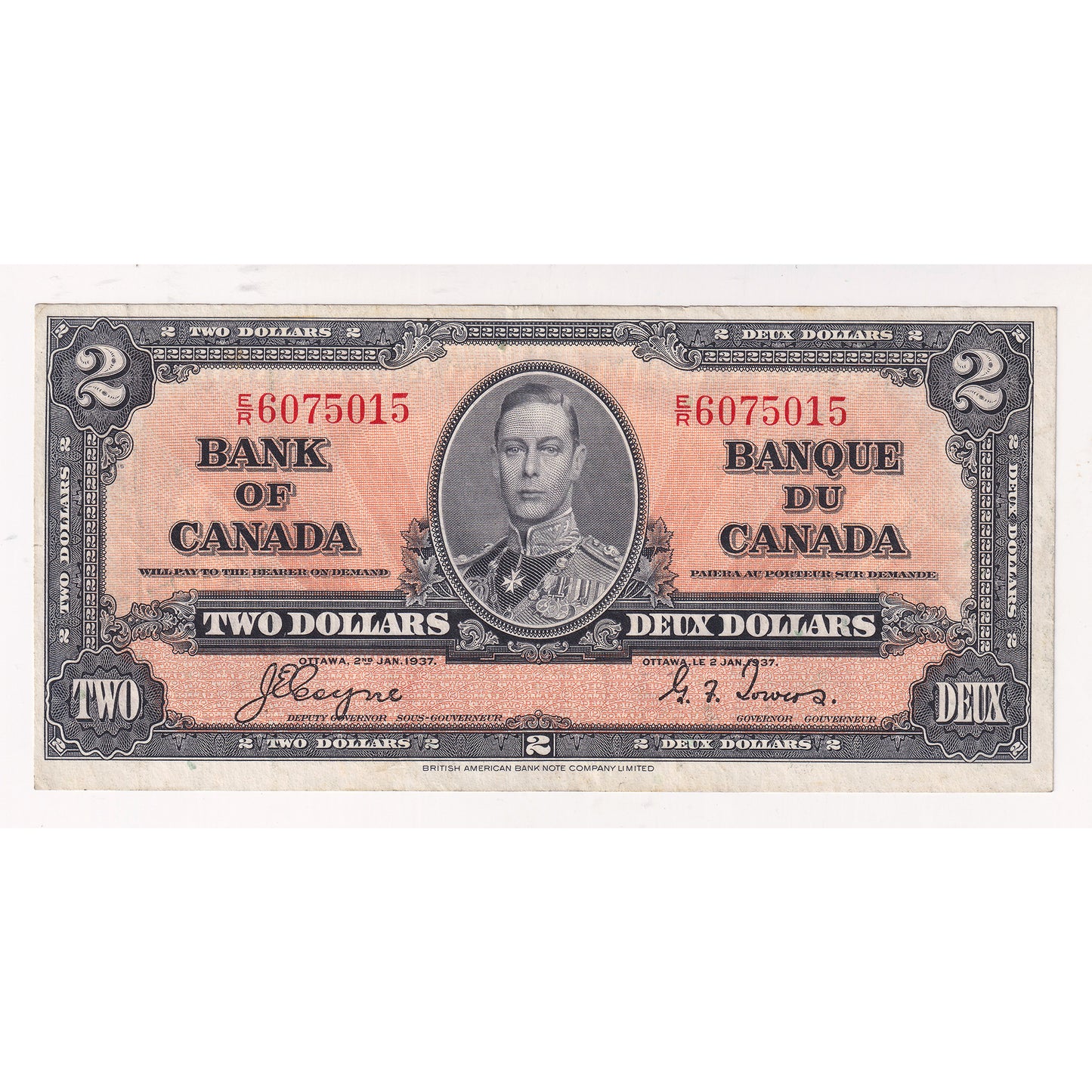 BC-22c 1937 Canada $2 Coyne-Towers, Very Fine (VF20) Tears, holes, or damaged