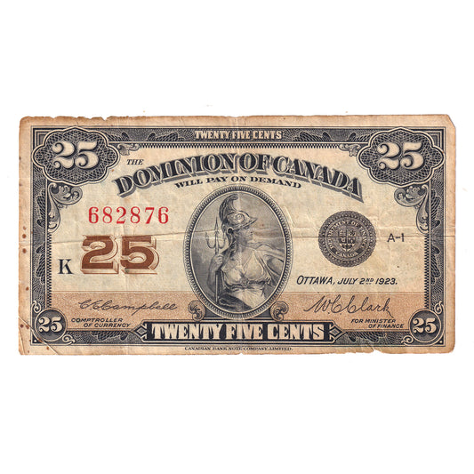 DC-24d 1923 Dominion 25-cent Shinplaster, Campbell, VF-EF (VF30) Tears, holes, or damaged