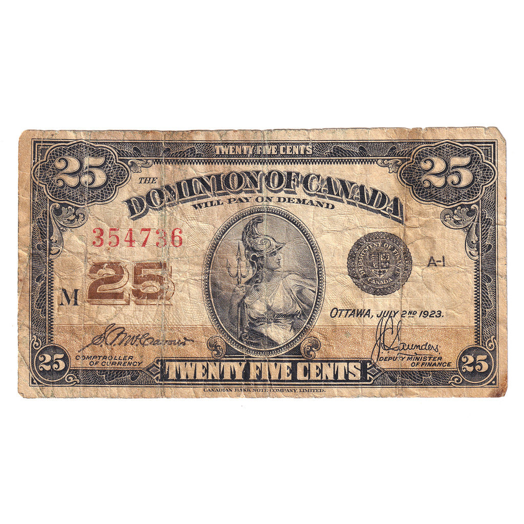 DC-24c 1923 Dominion 25-cent Shinplaster, McCavour-Saunders, VG-F (VG10) Impaired