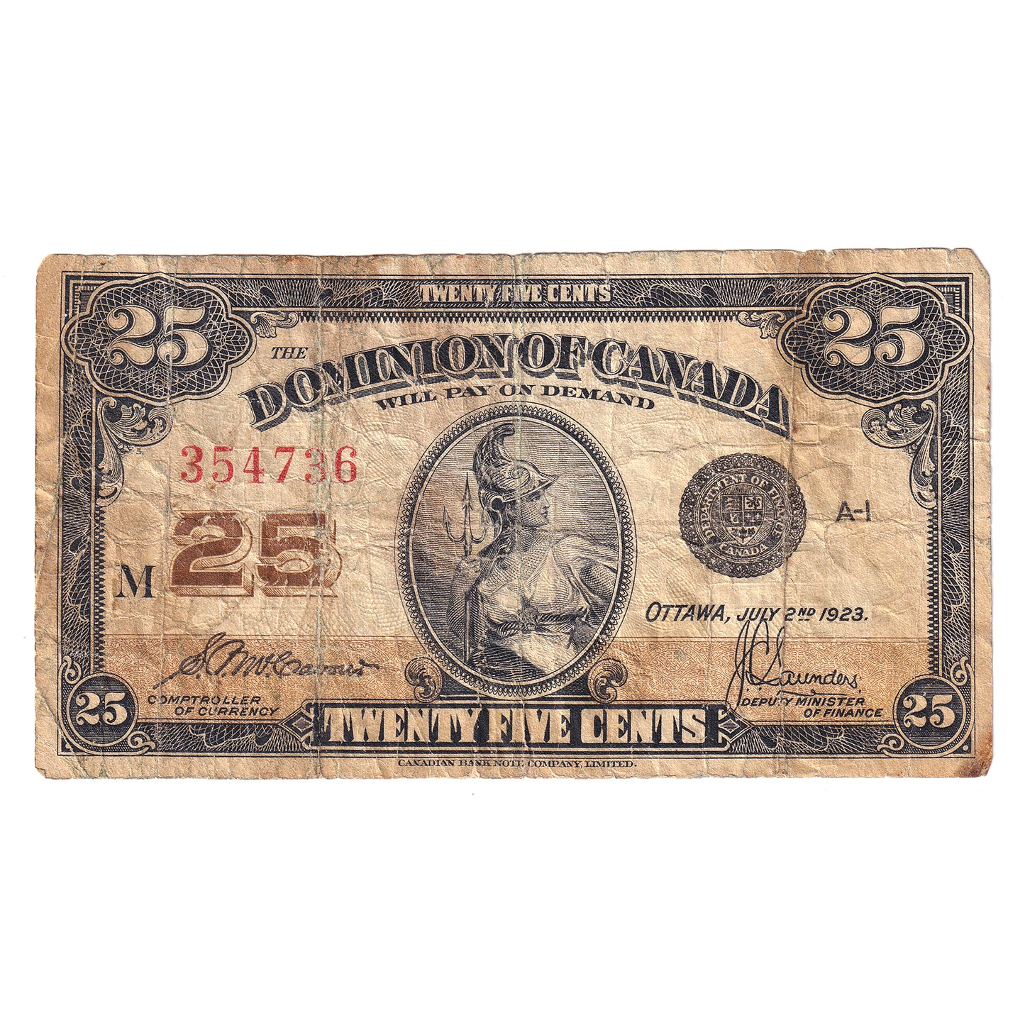 DC-24c 1923 Dominion 25-cent Shinplaster, McCavour-Saunders, VG-F (VG10) Impaired