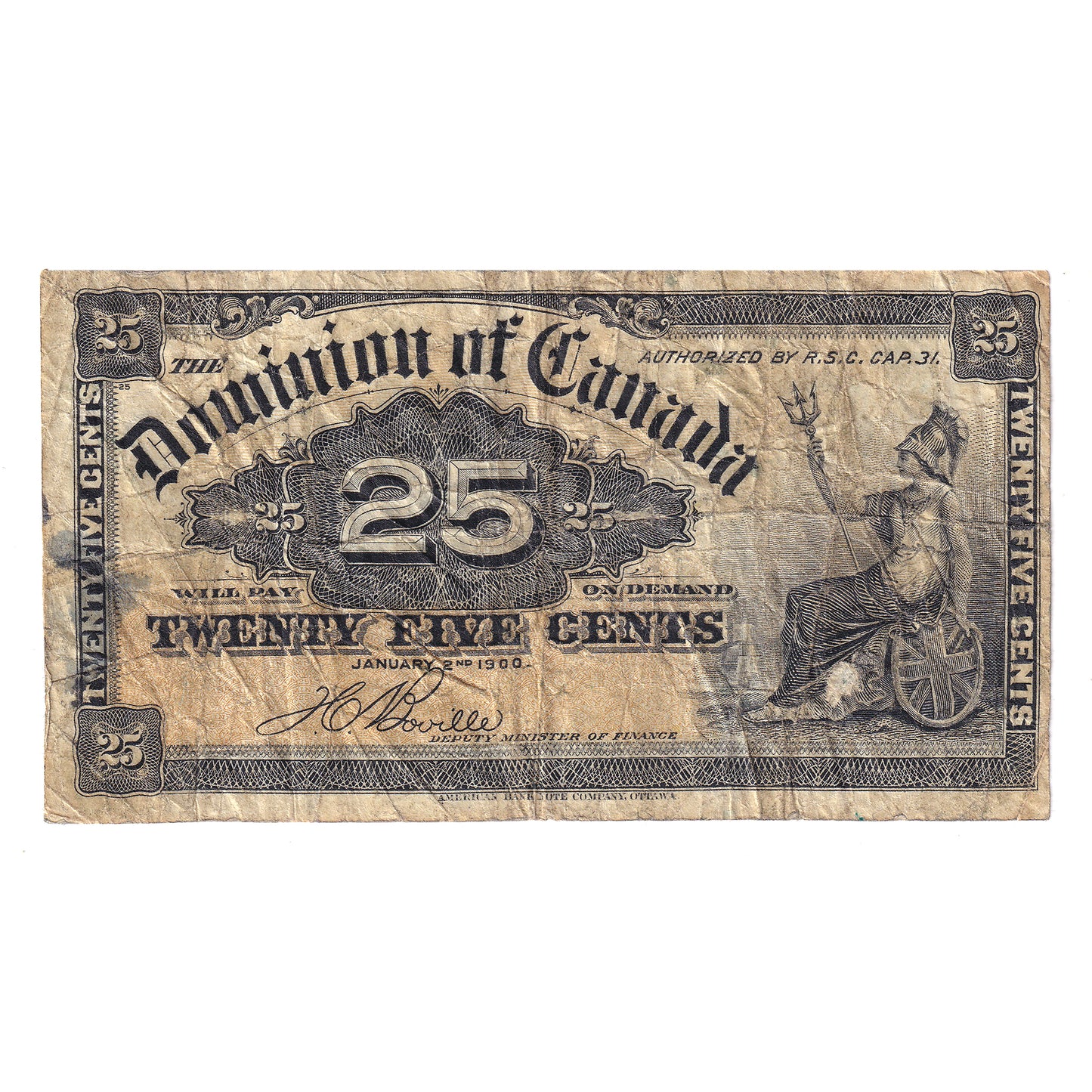 DC-15b 1900 Dominion 25-cent Shinplaster, Boville, F-VF (F15) Tears, stains, or impaired