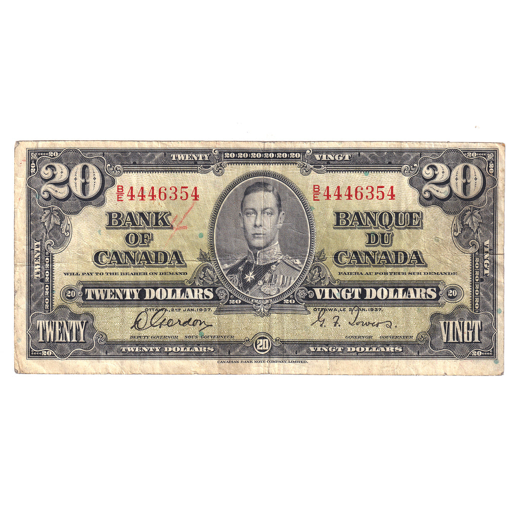 BC-25b 1937 Canada $20 Gordon-Towers, Random Prefix, F-VF (F15) Tears, holes, or damaged