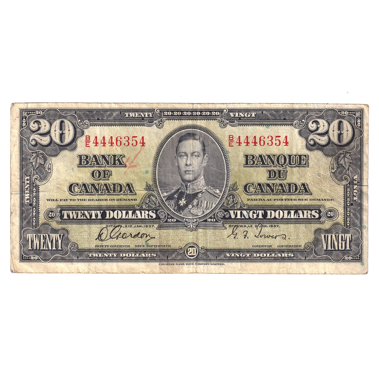 BC-25b 1937 Canada $20 Gordon-Towers, Random Prefix, F-VF (F15) Tears, holes, or damaged