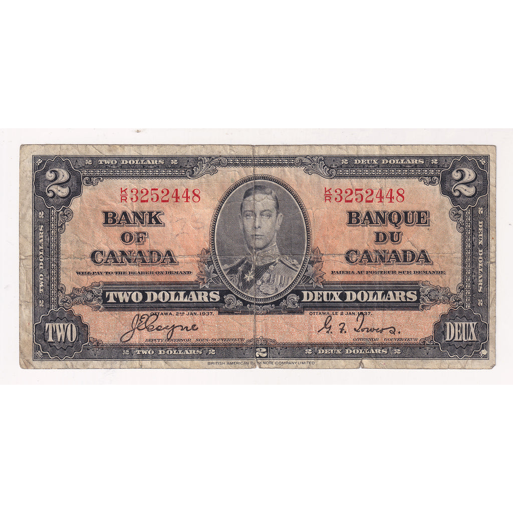 BC-22c 1937 Canada $2 Coyne-Towers, Various Prefixes, VG-F (VG10) Tears or impaired