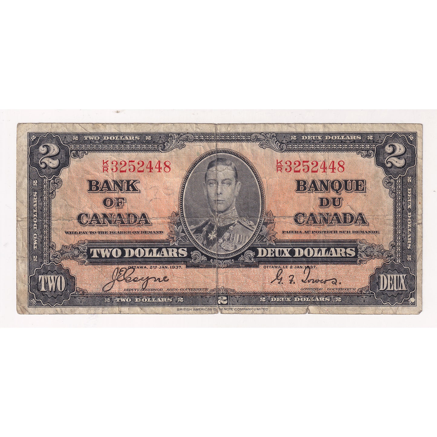 BC-22c 1937 Canada $2 Coyne-Towers, Various Prefixes, VG-F (VG10) Tears or impaired