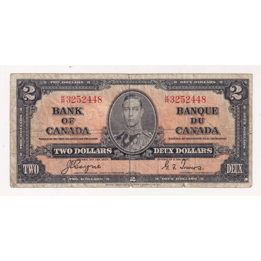 BC-22c 1937 Canada $2 Coyne-Towers, Various Prefixes, VG-F (VG10) Tears or impaired