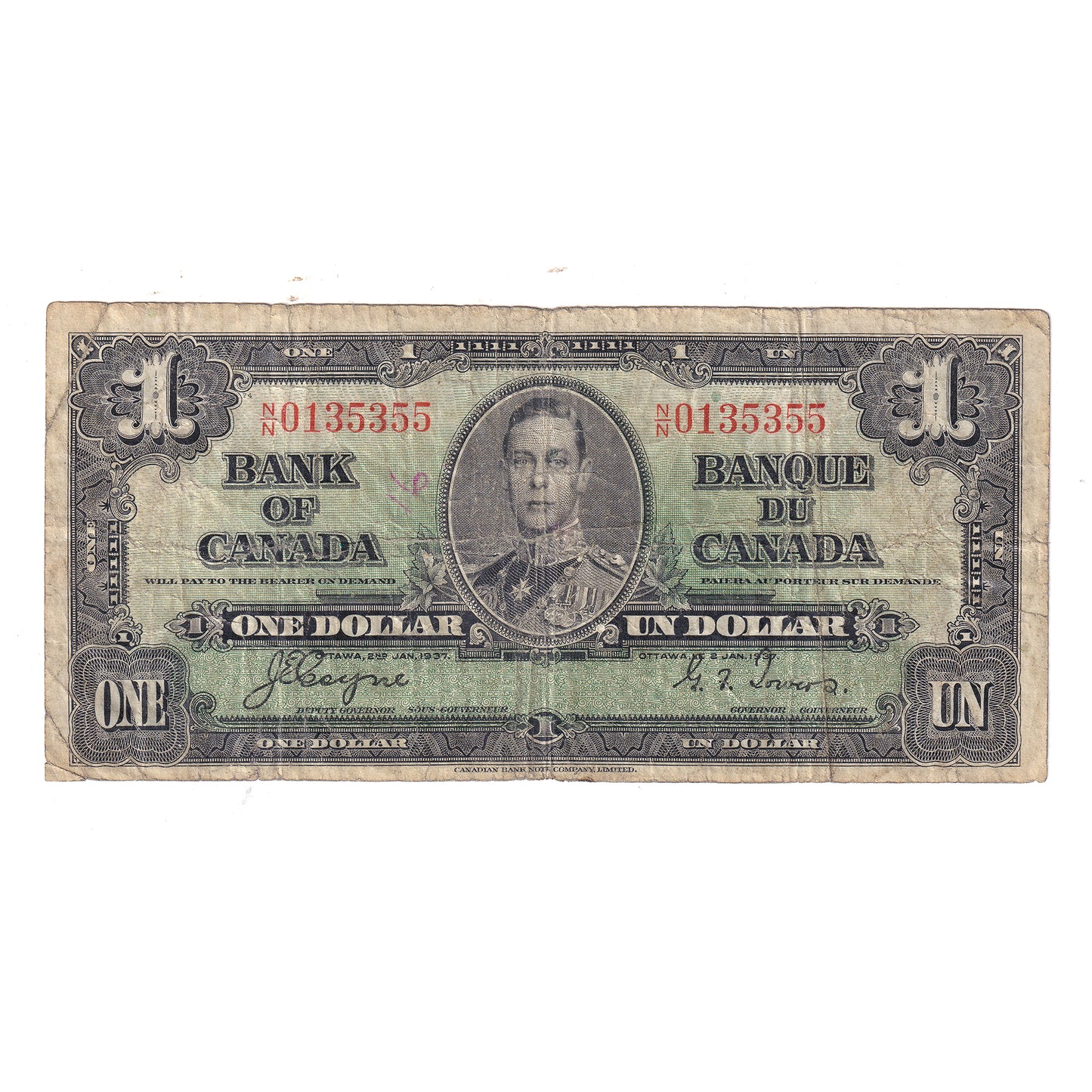 BC-21d 1937 Canada $1 Coyne-Towers, Various Prefixes, Circulated (Tears or impaired)