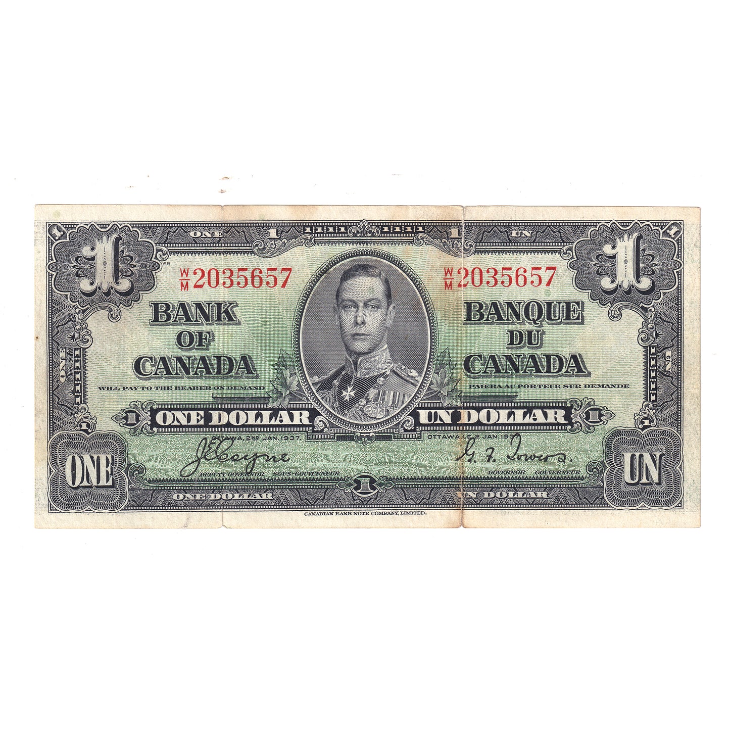 BC-21d 1937 Canada $1 Coyne-Towers, Various Prefixes, Extra Fine (EF40) Tears or impaired