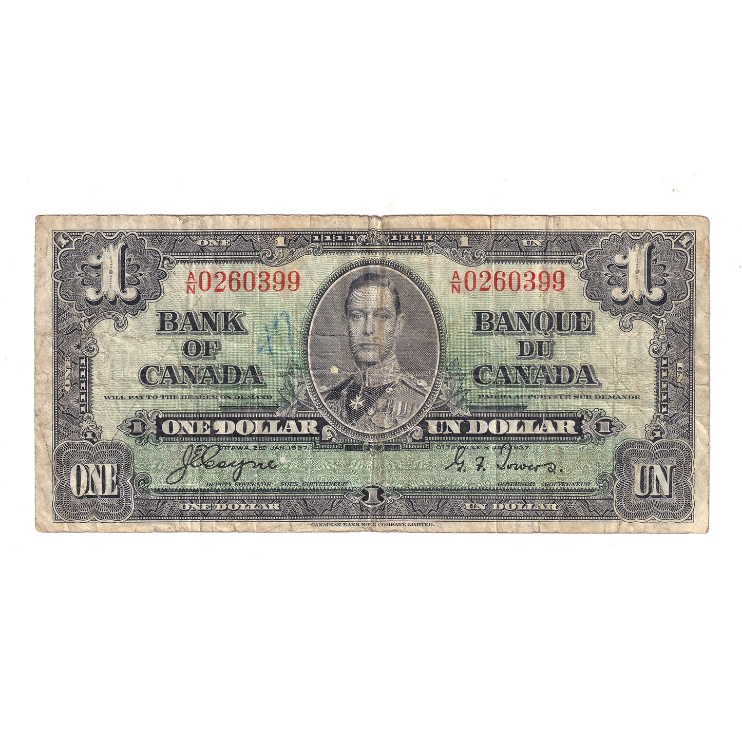 BC-21d 1937 Canada $1 Coyne-Towers, Various Prefixes, VG-F (VG10) Tears or impaired