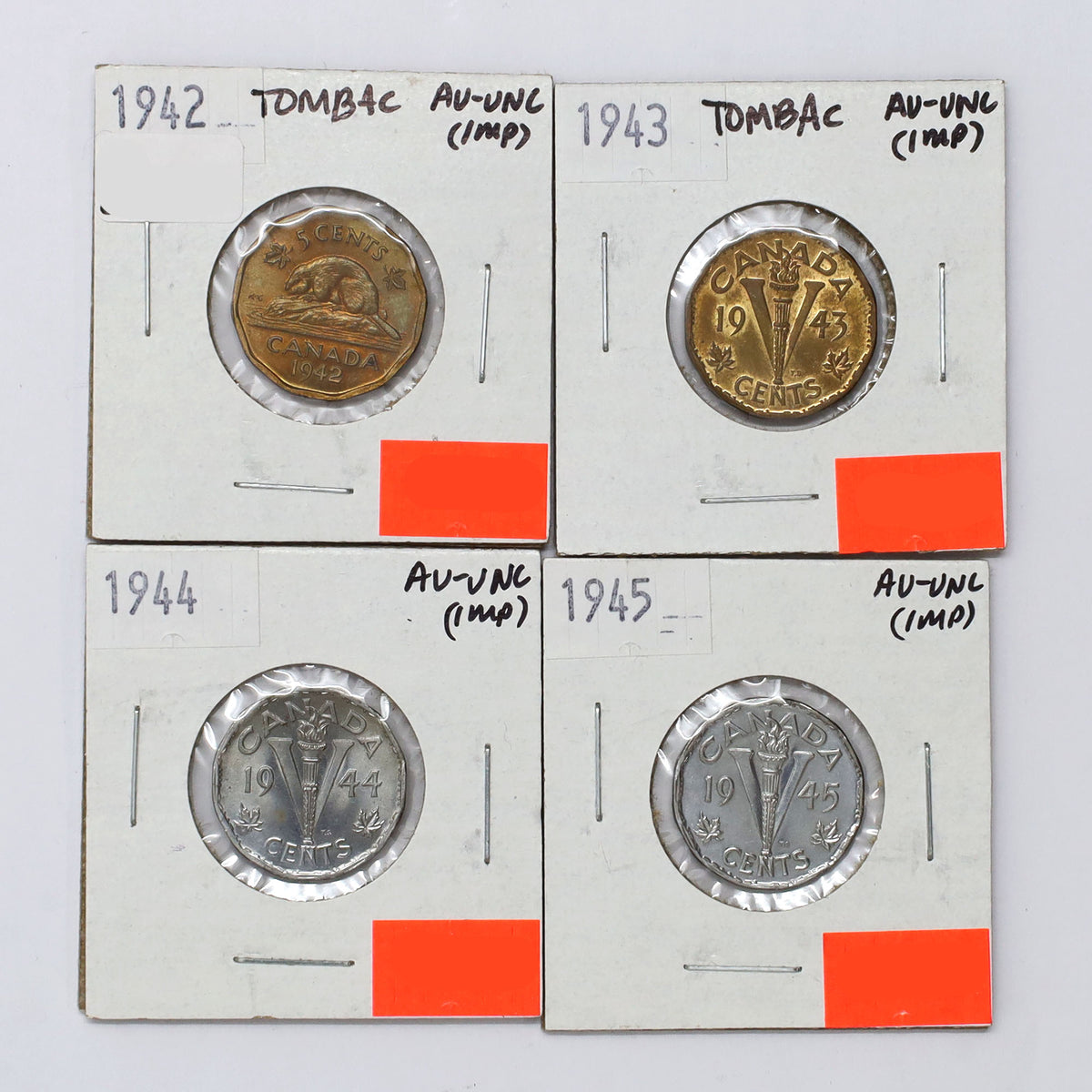 Lot of 4x 1942-1945 Canada 5-cents AU-UNC (AU55) Scratched, marks, or impaired, 4pcs