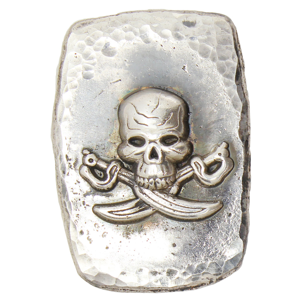 RSSC 2oz Hammered & Antiqued Skull with Swords Silver Bar (No Tax)