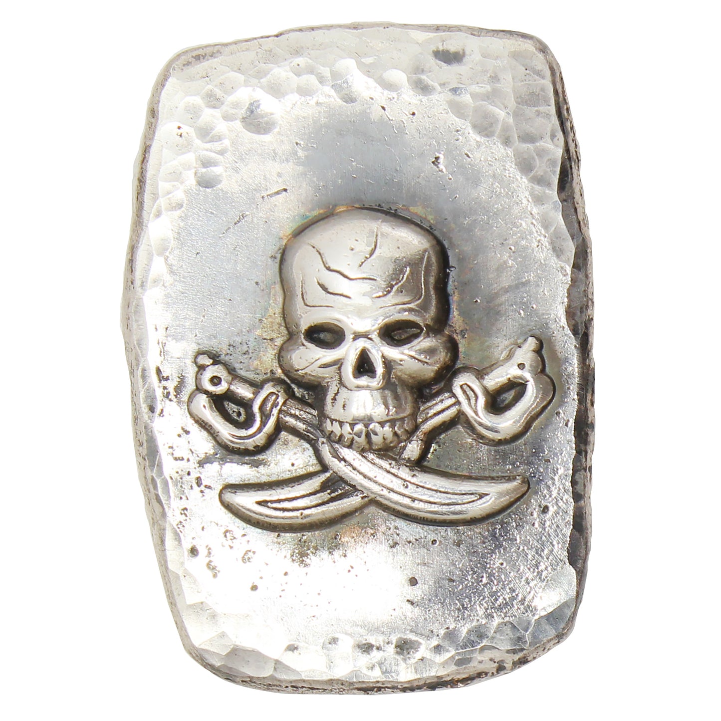 RSSC 2oz Hammered & Antiqued Skull with Swords Silver Bar (No Tax)