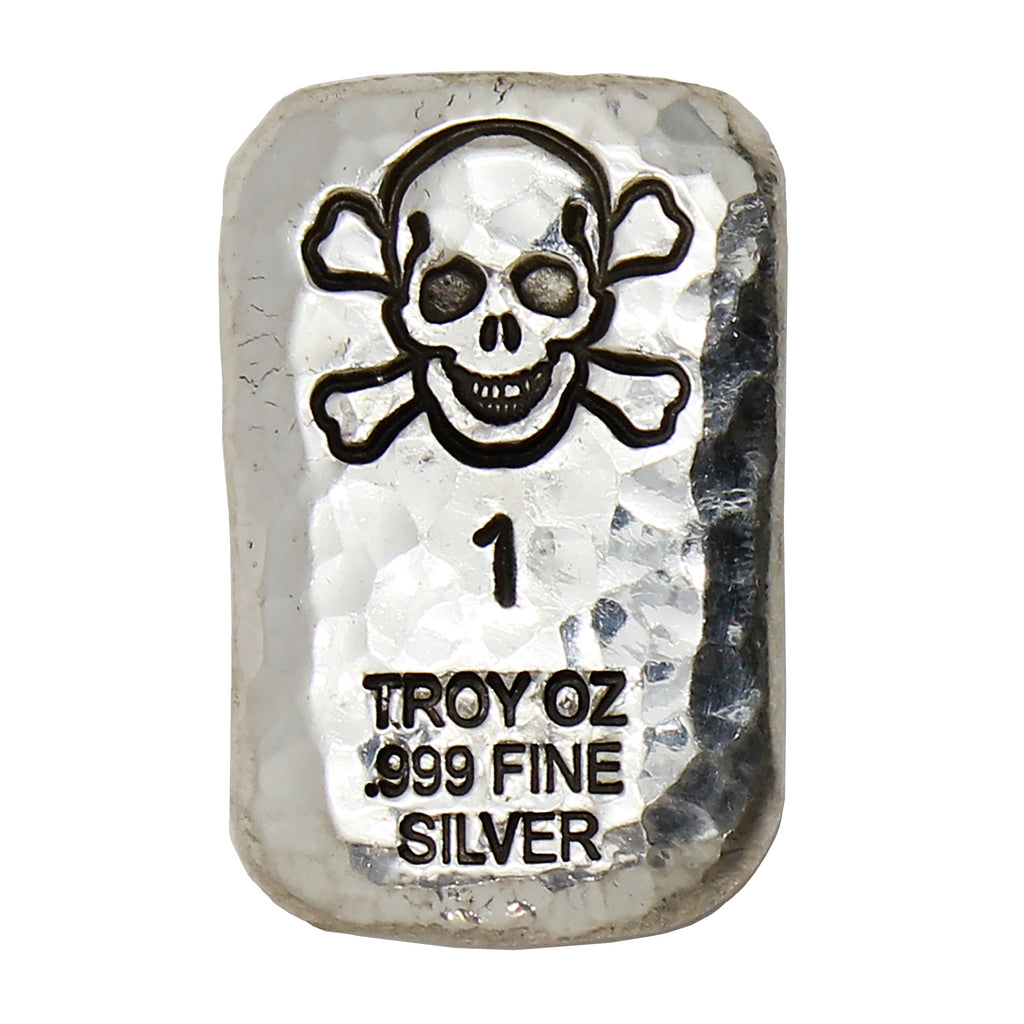 RSSC 1oz Hammered Bar w Skull & Crossbones Silver (No Tax) Light Toning