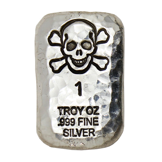 RSSC 1oz Hammered Bar w Skull & Crossbones Silver (No Tax) Light Toning