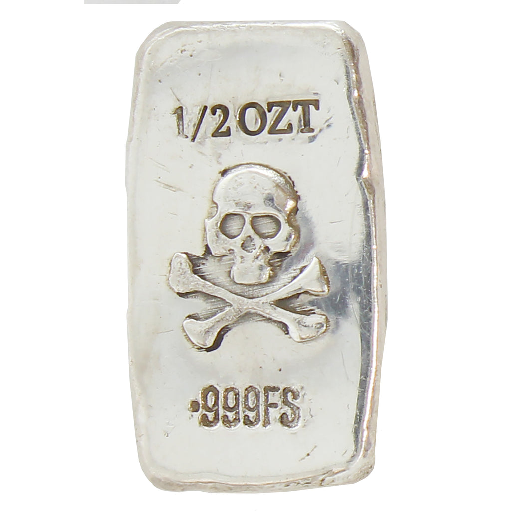 RSSC 1/2oz Skull & Crossbones .999 Fine Silver Bar (No Tax) Scr/Lightly Toned
