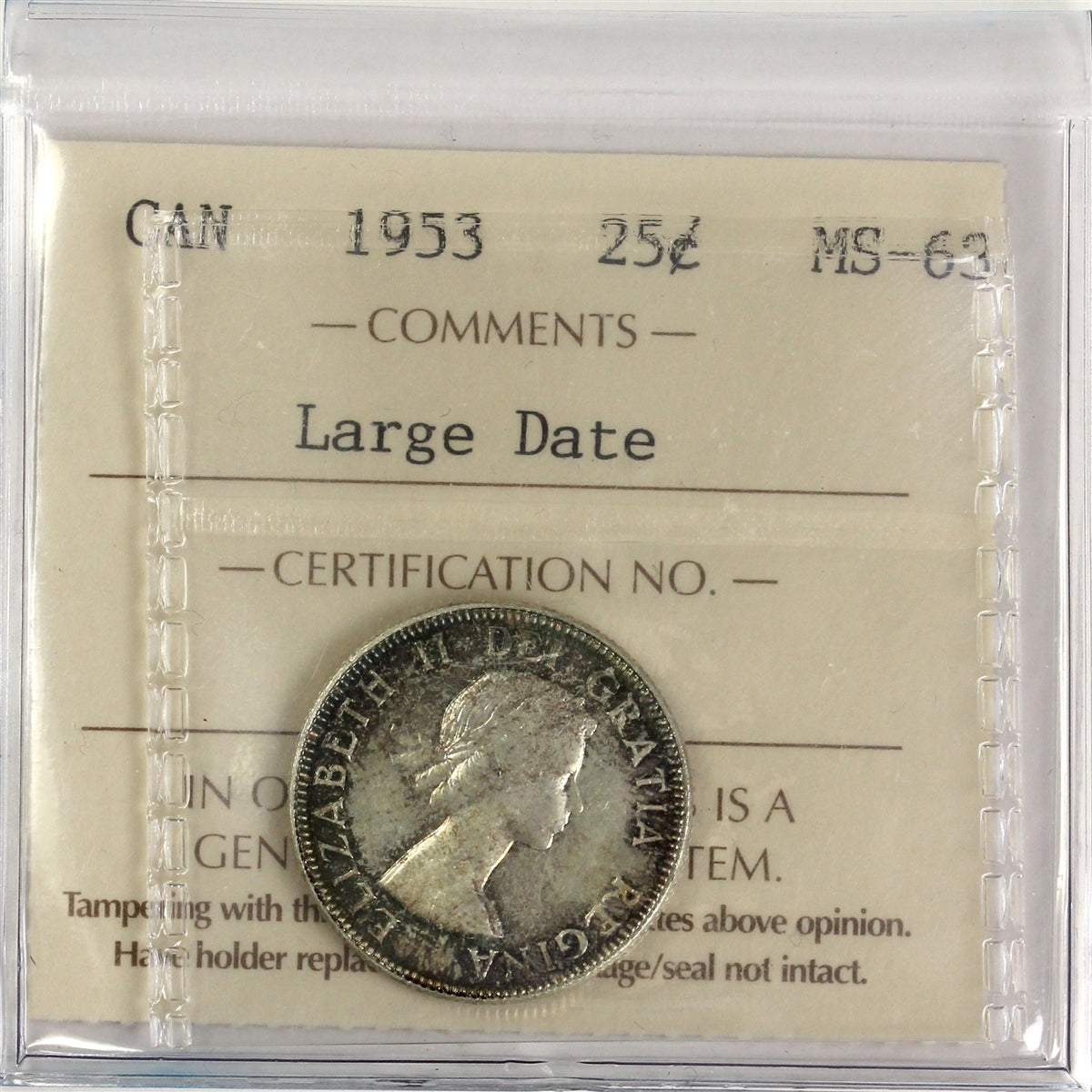 1953 Large Date Canada 25-cents ICCS Certified MS63