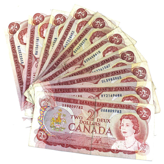 Lot of 10x 1974 Canada $2 Notes with All Different Prefixes, Circ, 10Pcs