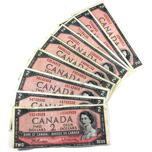 Lot of 9x 1954 Canada $2 Notes, Circulated, 9Pcs (May have impairments)
