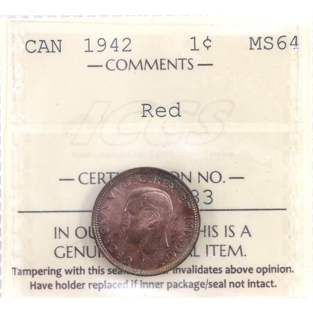 1942 Canada 1-cent ICCS Certified MS64 Red