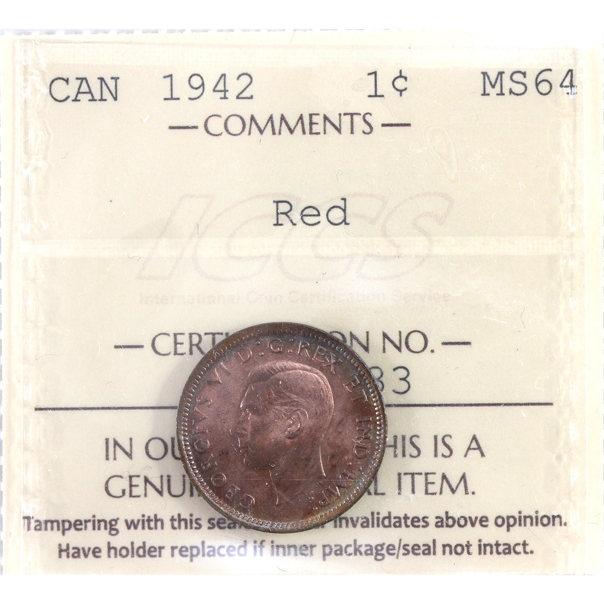 1942 Canada 1-cent ICCS Certified MS64 Red