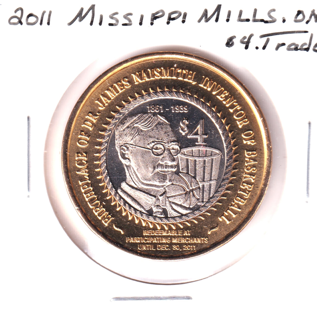 2011 Mississippi Mills, ON, $4 Trade Token: Dr. James Naismith, Inventor of Basketball