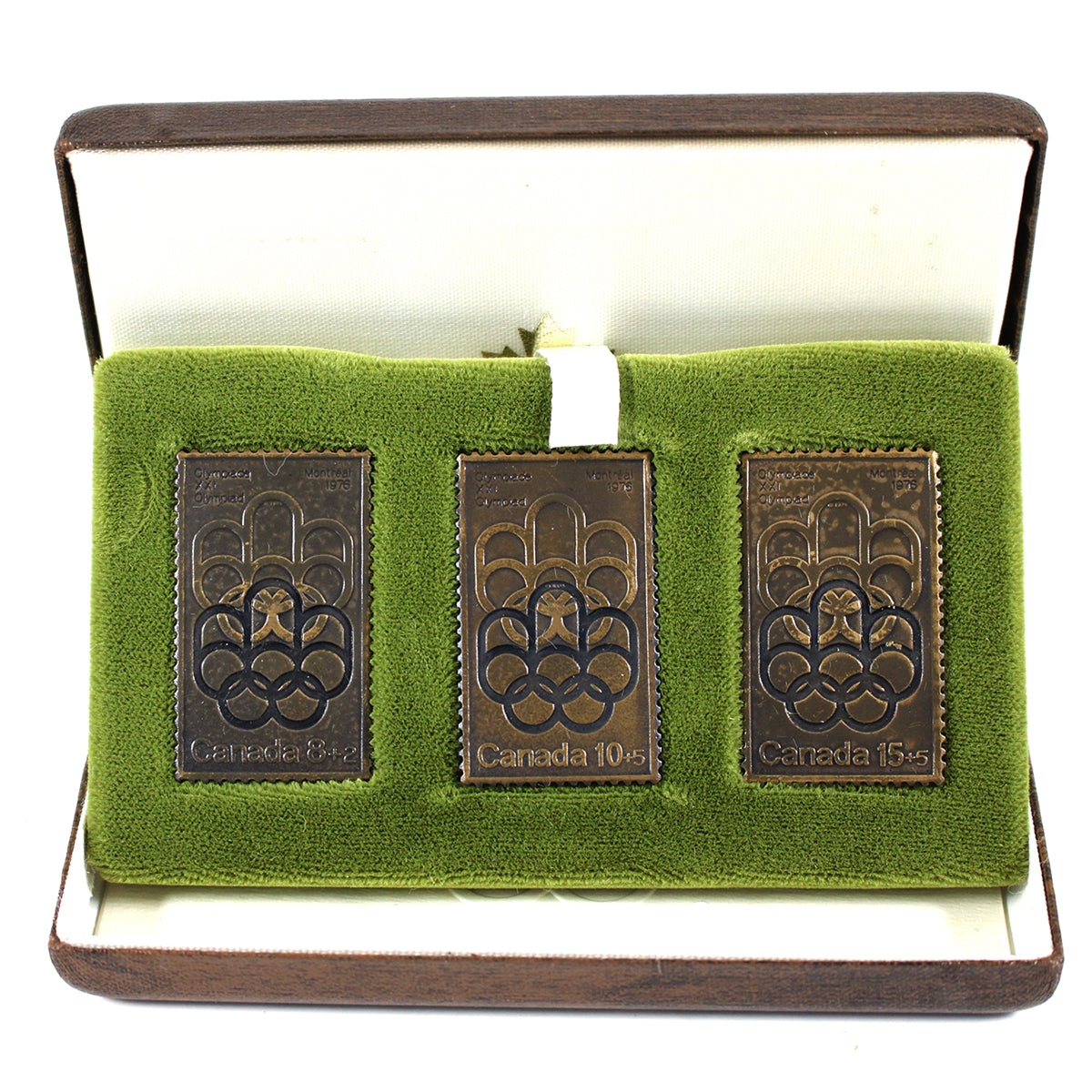 Set of 3x 1976 Montreal Olympics Bronze Stamp Replicas with Stamps in Case (Toned)