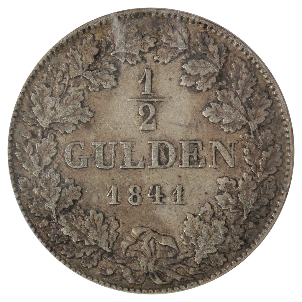 German States 1841 Hesse Darmstadt 1/2 Gulden F-VF (F15) Scratched
