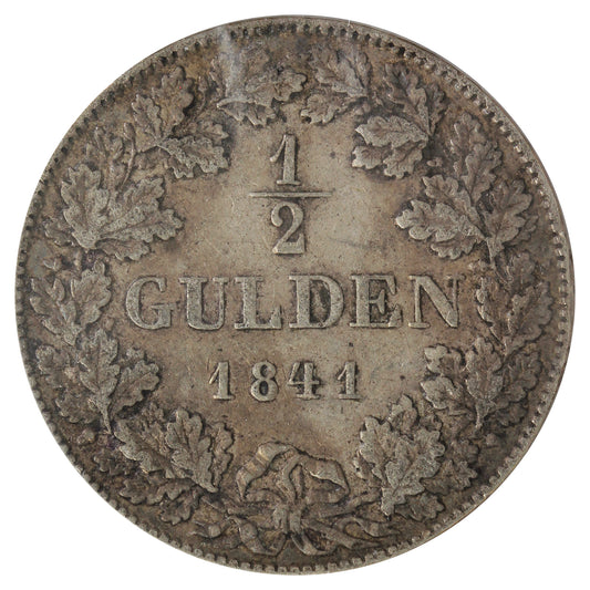 German States 1841 Hesse Darmstadt 1/2 Gulden F-VF (F15) Scratched