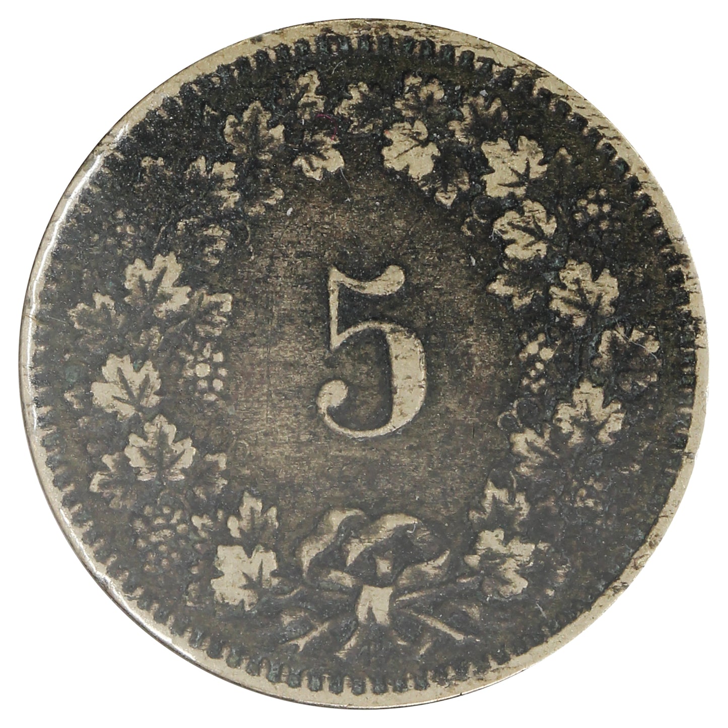 Switzerland 1876B 5 Rappen VF-EF (VF30) Corrosion