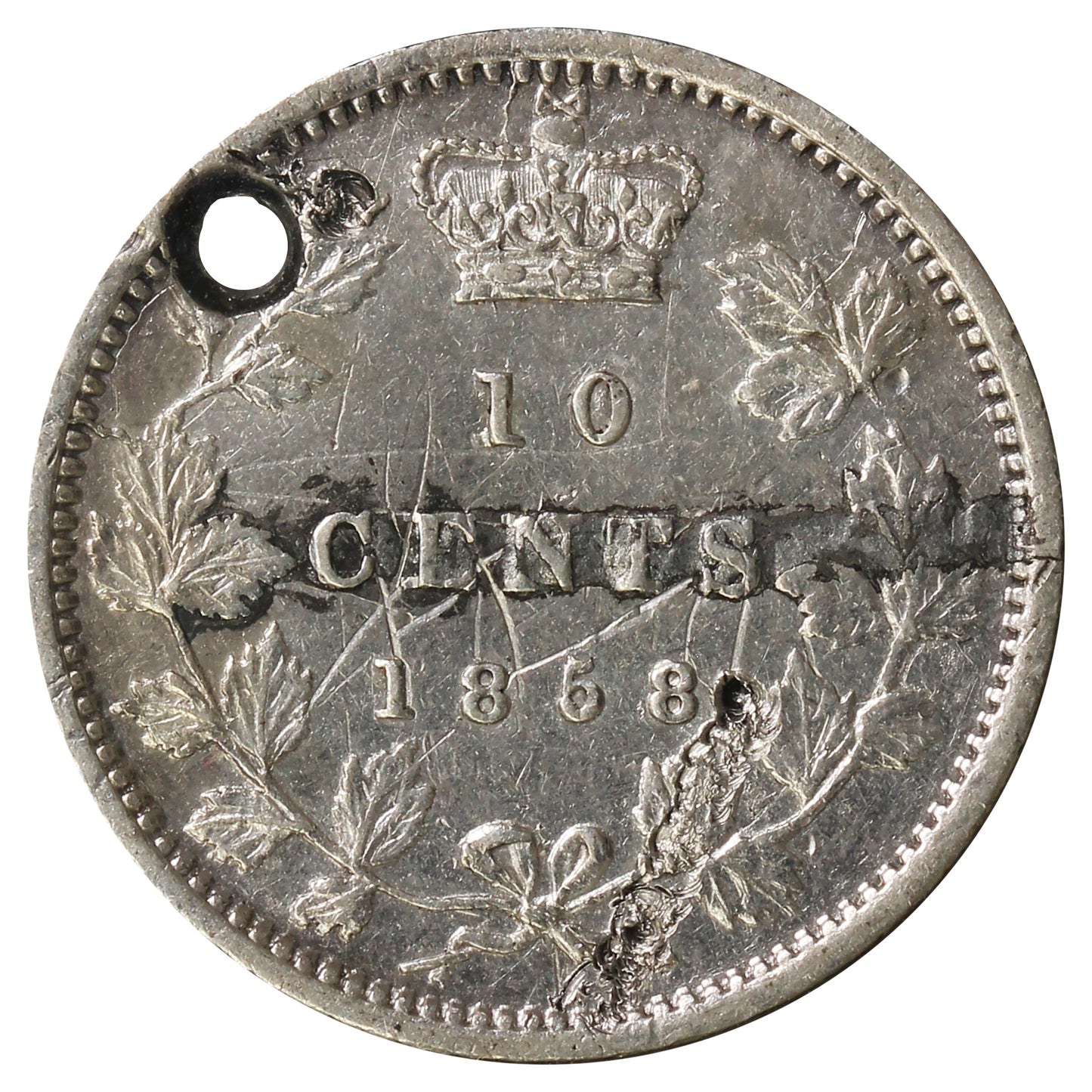 Love Token on 1858 Canada 10-Cents VF-EF (VF30) Impaired