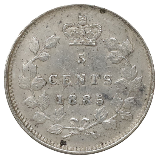 1885 Small 5 Over 5 Canada 5-cents Extra Fine (EF40) Scratched, marks, or impaired