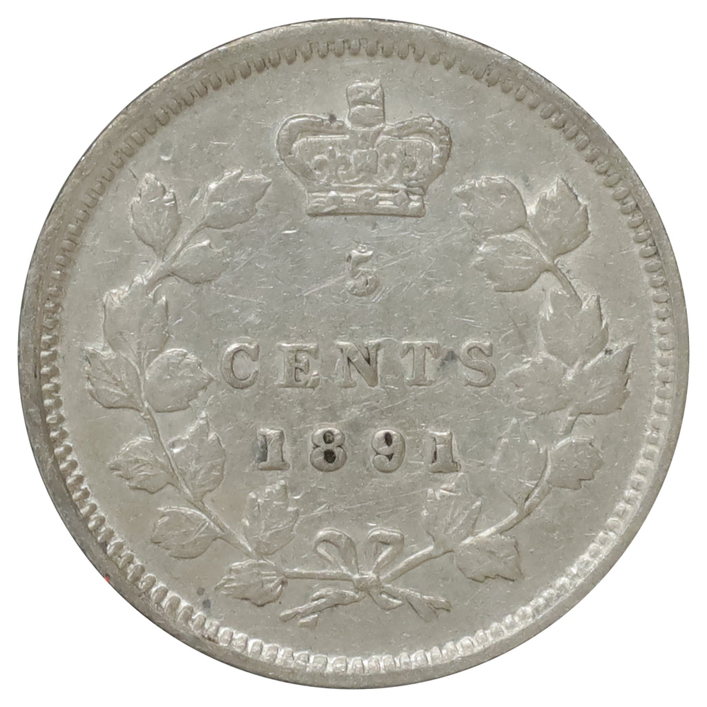 1891 Obv. 2 8 Over 8 Canada 5-cents Extra Fine (EF40) Scratched, marks, or impaired