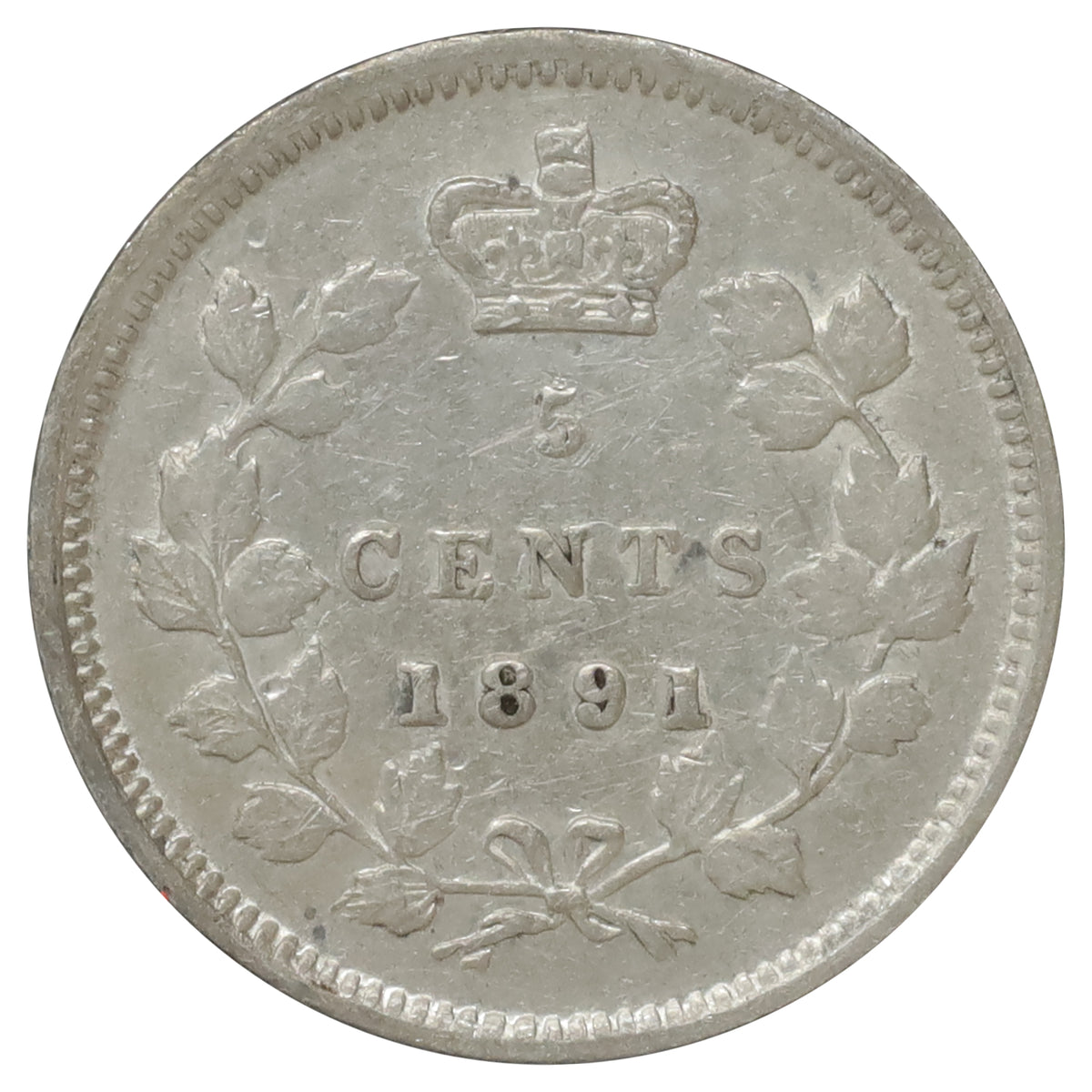 1891 Obv. 2 8 Over 8 Canada 5-cents Extra Fine (EF40) Scratched, marks, or impaired
