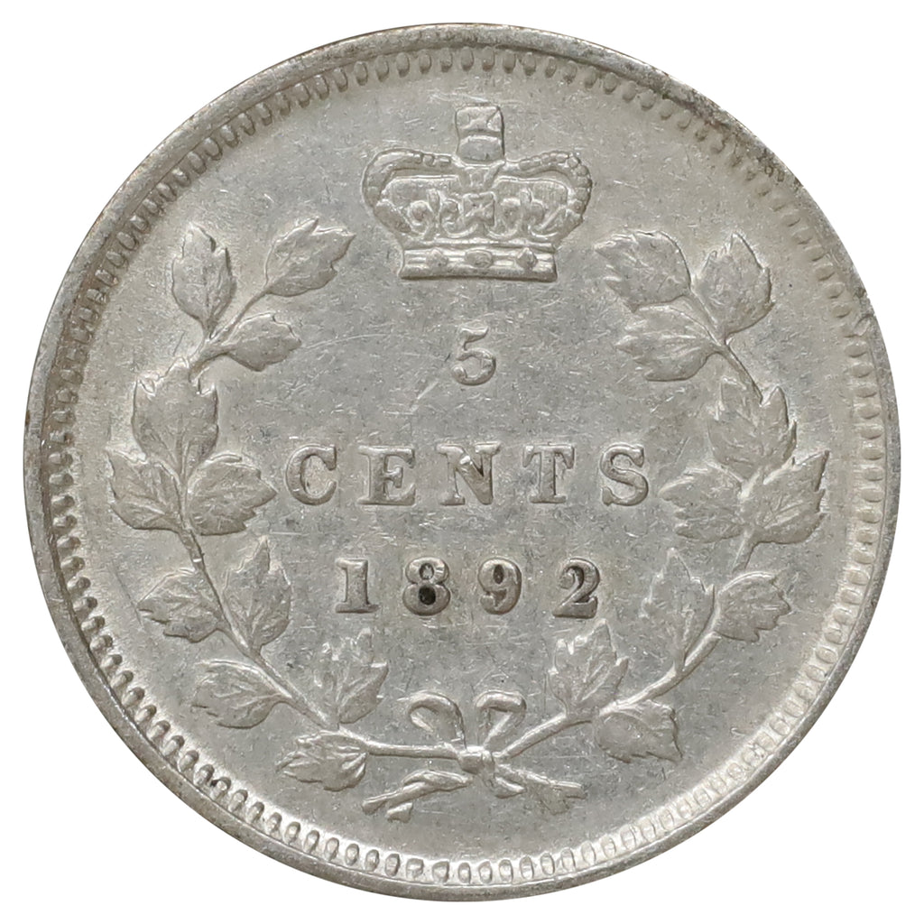 1892 Obv. 2 Canada 5-cents EF-AU (EF45) Scratched, marks, or impaired