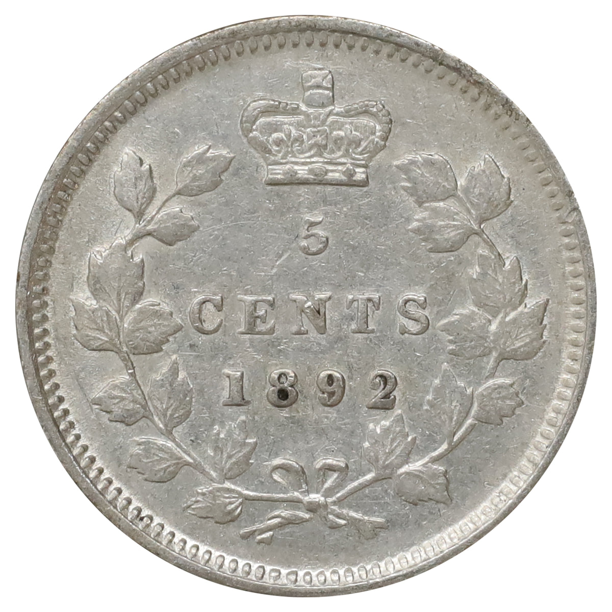 1892 Obv. 2 Canada 5-cents EF-AU (EF45) Scratched, marks, or impaired