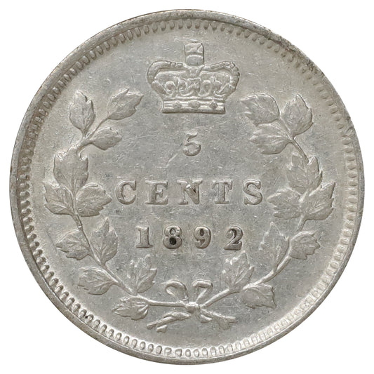 1892 Obv. 2 Canada 5-cents EF-AU (EF45) Scratched, marks, or impaired