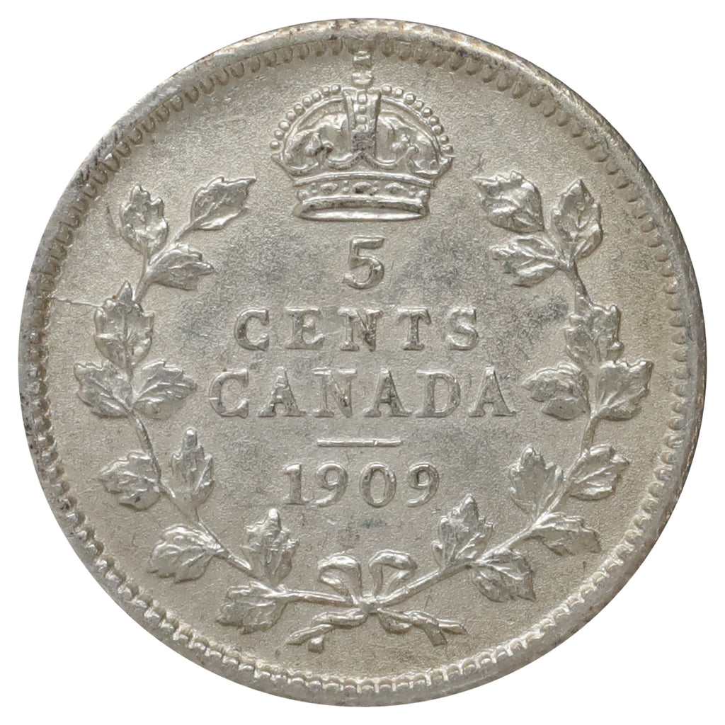 1909 Round Leaves Canada 5-cents Almost Uncirculated (AU50) Scratched, marks, or impaired