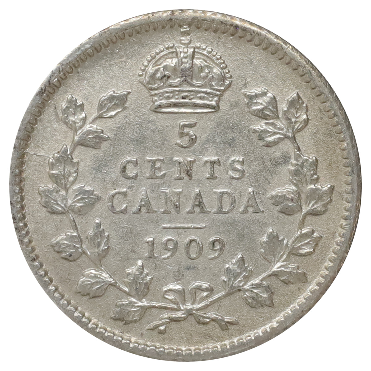 1909 Round Leaves Canada 5-cents Almost Uncirculated (AU50) Scratched, marks, or impaired