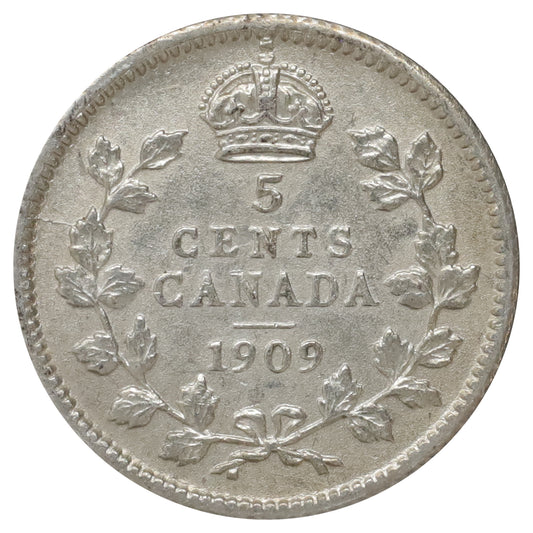 1909 Round Leaves Canada 5-cents Almost Uncirculated (AU50) Scratched, marks, or impaired