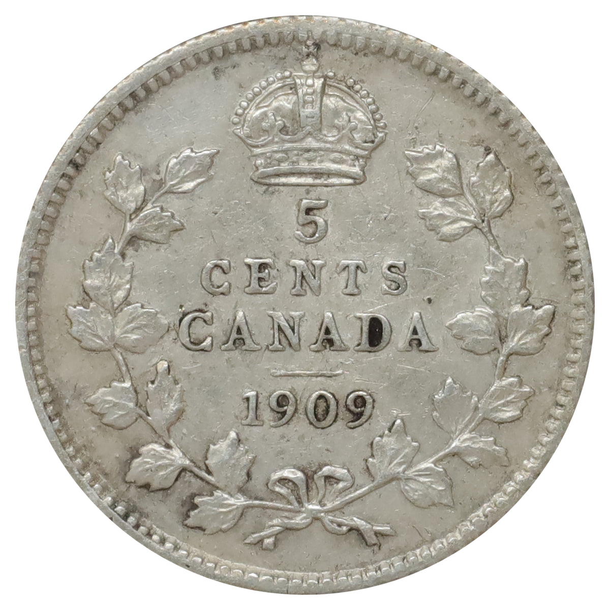 1909 Round Leaves Canada 5-cents Extra Fine (EF40) Scratched, marks, or impaired
