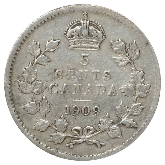 1909 Pointed Leaves Canada 5-cents VF-EF (VF30) Scratched, marks, or impaired